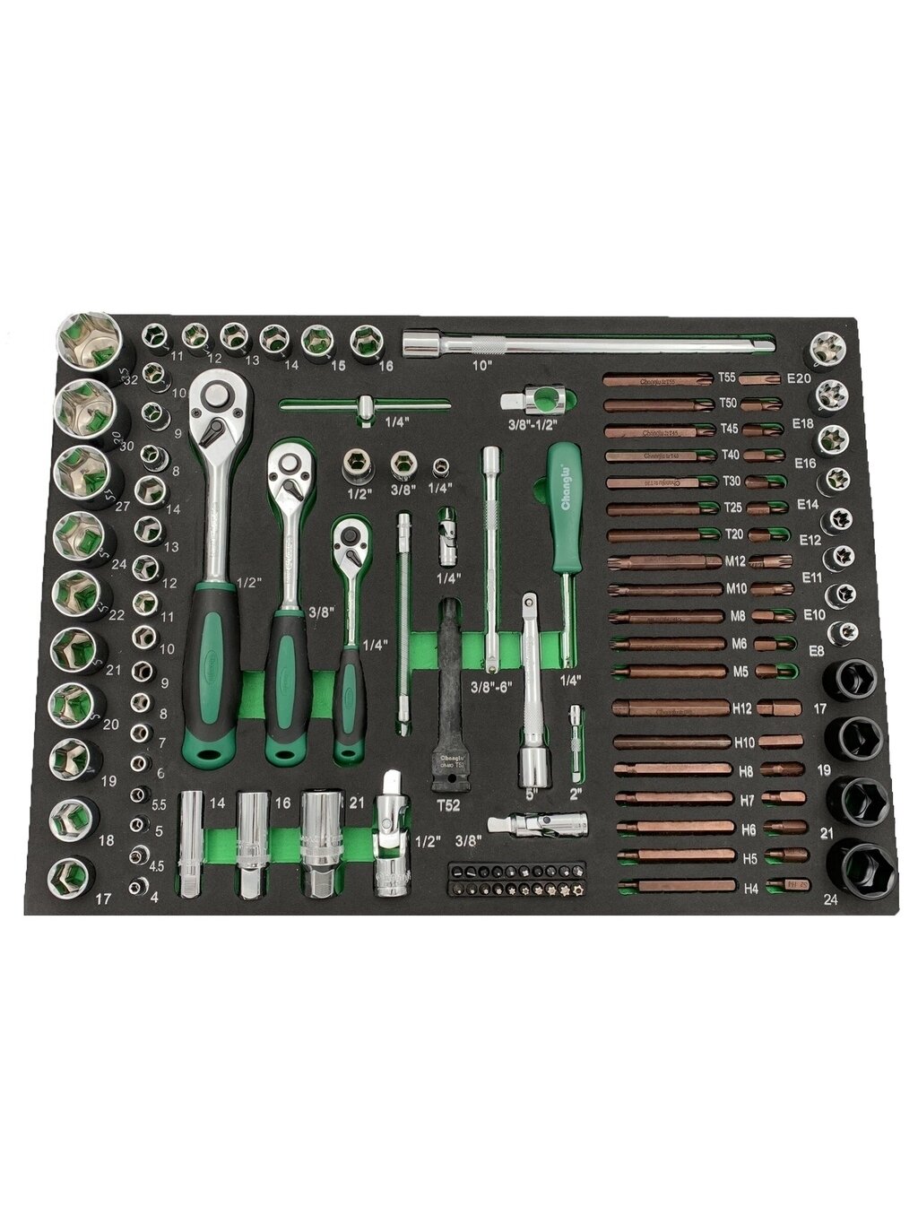 ⬡ 1/4" + 3/8" + 1/2" galvučių rinkinys 122 vnt. dėkle (CL106302, CHANGLU TOOLS) ⬡ 1/4" + 3/8" + 1/2" galvučių rinkinys 122 vnt. dėkle (CL106302, CHANGLU TOOLS)
