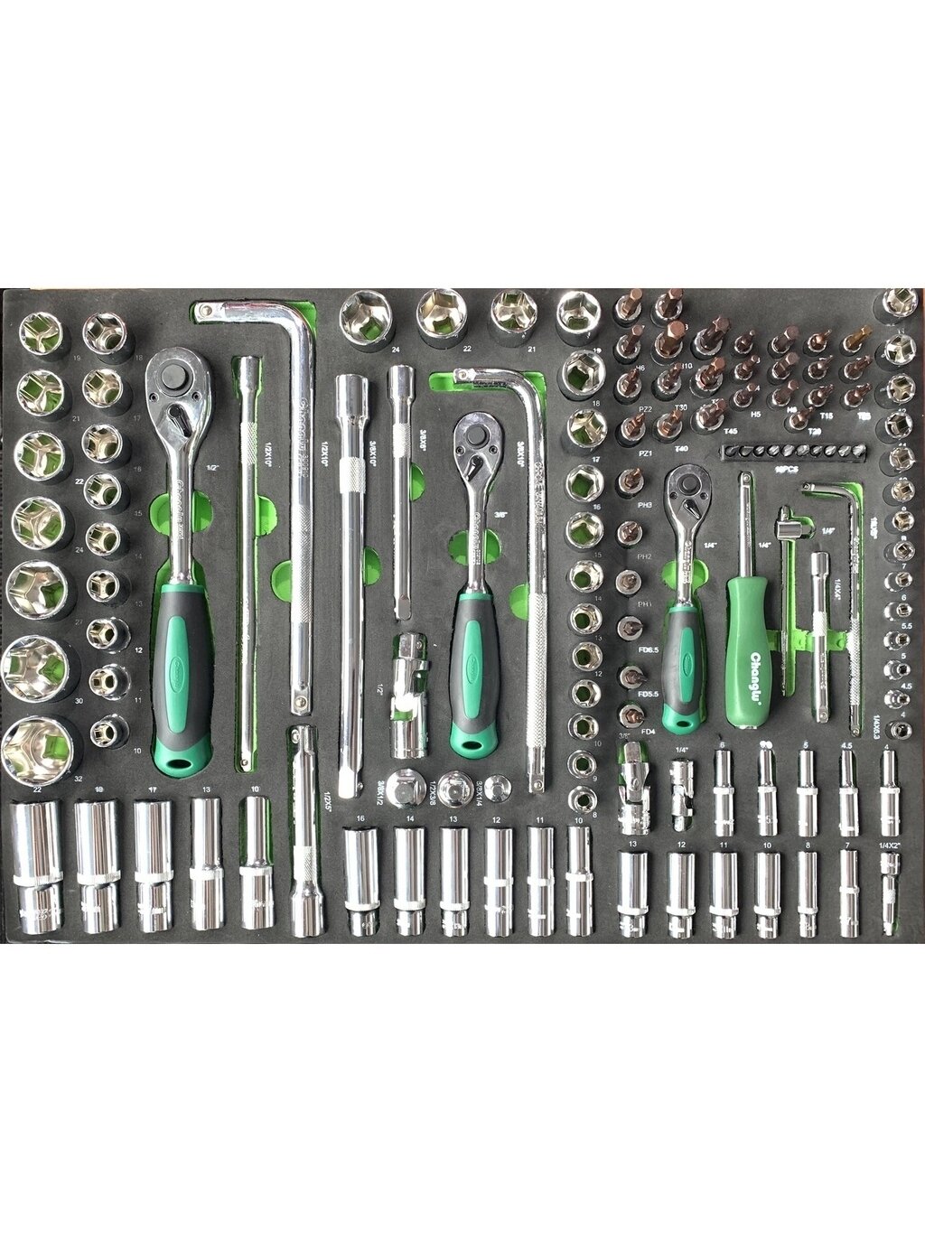 ⬡ 1/4" + 3/8" + 1/2" galvučių rinkinys 127 vnt. dėkle (CL106201, CHANGLU TOOLS) ⬡ 1/4" + 3/8" + 1/2" galvučių rinkinys 127 vnt. dėkle (CL106201, CHANGLU TOOLS)