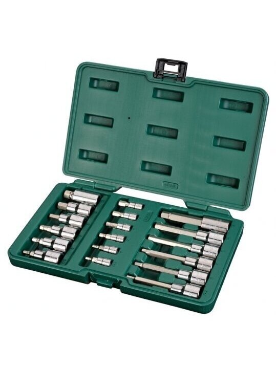 ⬡ 1/4" + 1/2" galvučių su antgaliais rinkinys (HEX) 18 vnt. (S09053, SATA) ⬡ 1/4" + 1/2" galvučių su antgaliais rinkinys (HEX) 18 vnt. (S09053, SATA)