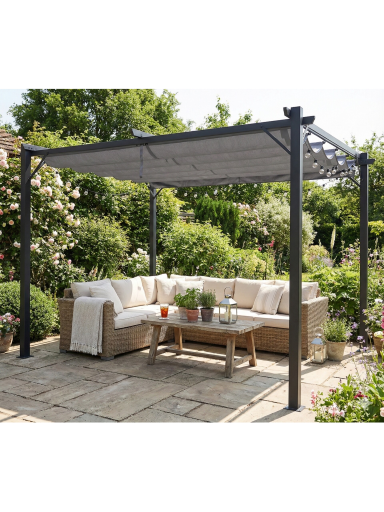 Sodo pergola 3x3m su slankiojančiu tentu