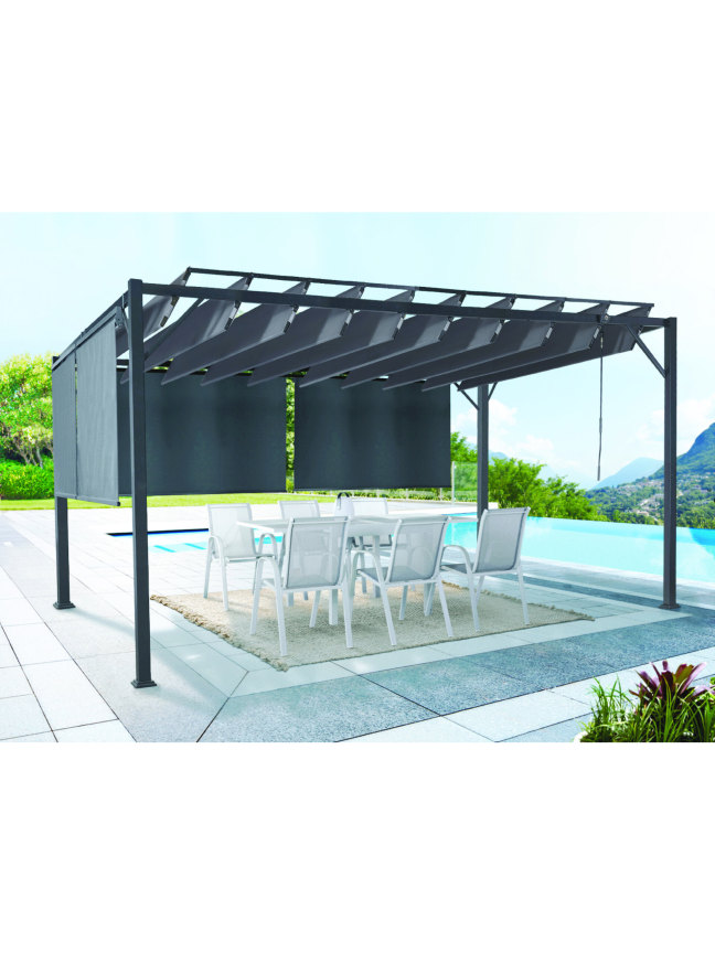 Bioklimatinė sodo pergola 3x4 m su slankiojančiu tentu ir 4 markizėmis 1 Bioklimatinė sodo pergola 3x4 m su slankiojančiu tentu ir 4 markizėmis 1