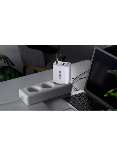 Adapteris Sponge C3 65W GaN, USB-C/USB-A, balta