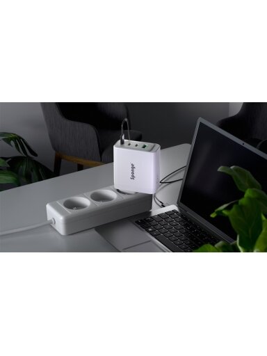 Adapteris Sponge C4 100W GaN, USB-C/USB-A, balta