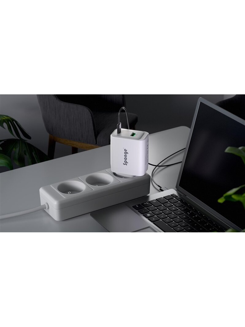 Adapteris Sponge C3 65W GaN, USB-C/USB-A, balta 1 Adapteris Sponge C3 65W GaN, USB-C/USB-A, balta 1