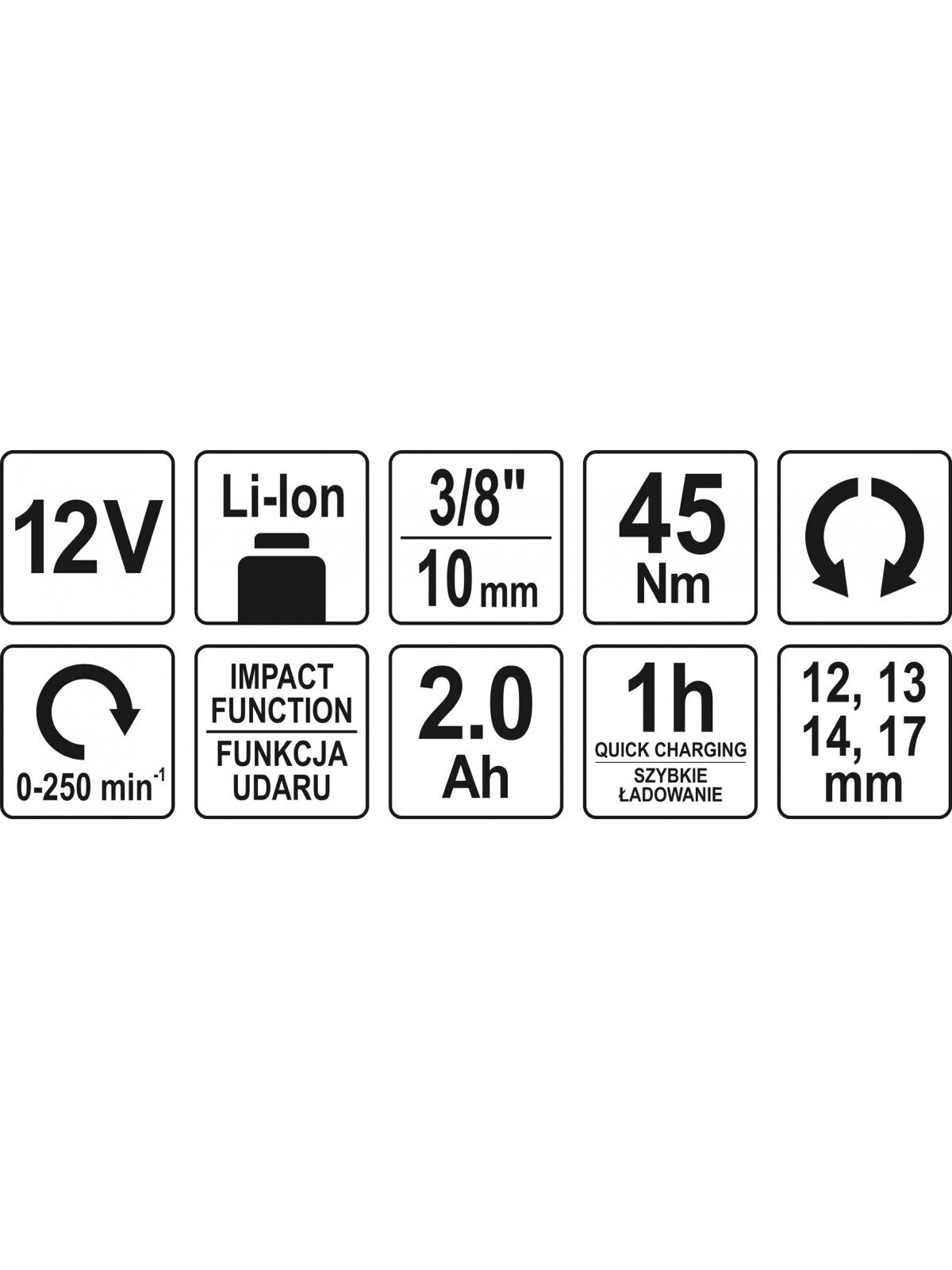 Akumuliatorinė smūginė terkšlė 1/2" 12V Li-on 2,0Ah 45Nm Yato 5