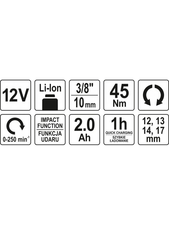 Akumuliatorinė smūginė terkšlė 1/2" 12V Li-on 2,0Ah 45Nm Yato 5
