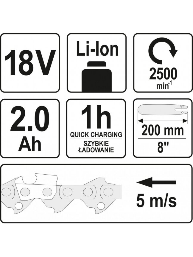 Akumuliatorinis teleskopinis grandininis pjūklas Li-Ion 18V 2Ah Yato | 200-280cm 5 Akumuliatorinis teleskopinis grandininis pjūklas Li-Ion 18V 2Ah Yato | 200-280cm 5
