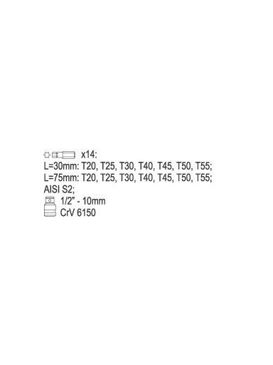 Antgalių rinkinys 15vnt. TORX Yato | T20,T25, T30, T40, T45, T50, T55