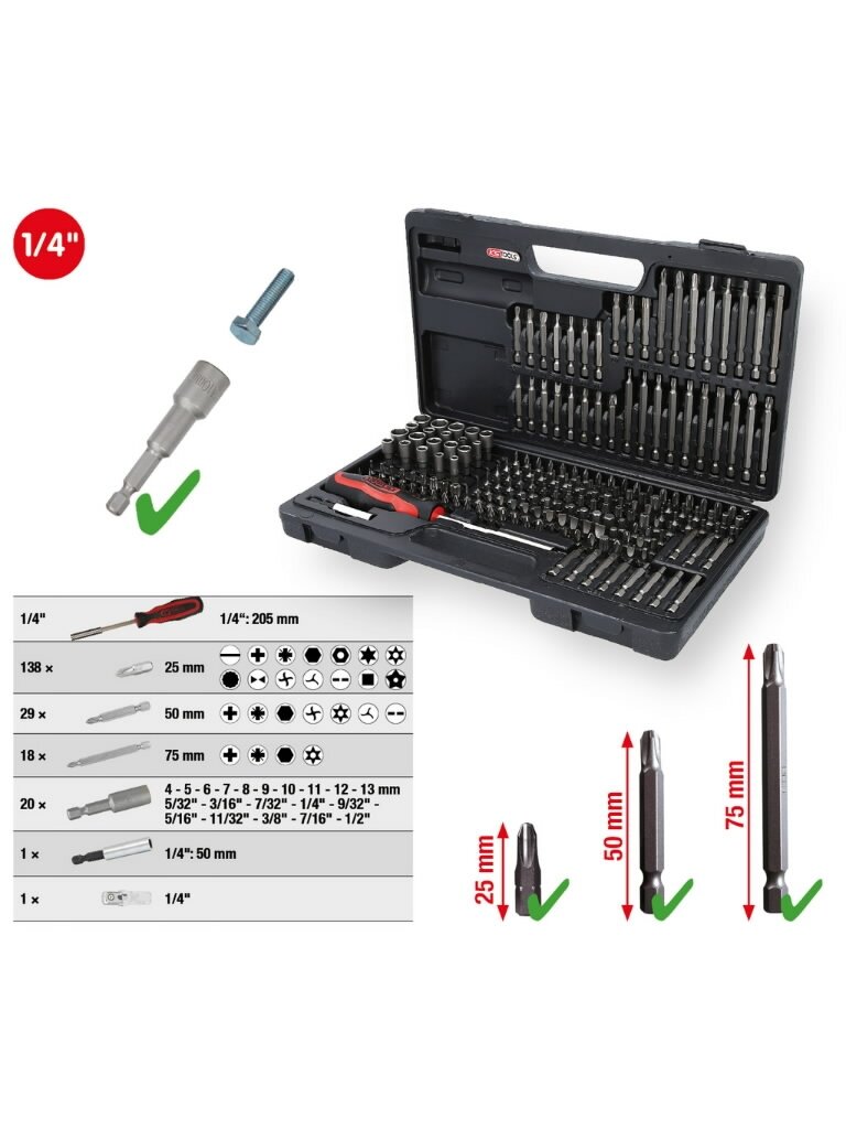 Antgalių komplektas 1/4", 208 vnt, KS Tools 2 Antgalių komplektas 1/4", 208 vnt, KS Tools 2
