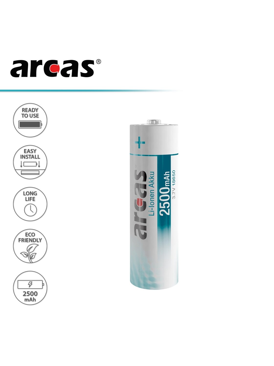 Arcas Įkraunamas elementas Li-ion 18650 3.7V B1 2500 mAh, ARCAS, 1 vnt. 1 Arcas Įkraunamas elementas Li-ion 18650 3.7V B1 2500 mAh, ARCAS, 1 vnt. 1