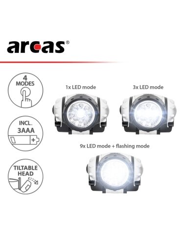 Arcas Galvos žibintuvėlis 9 LED, ARCAS