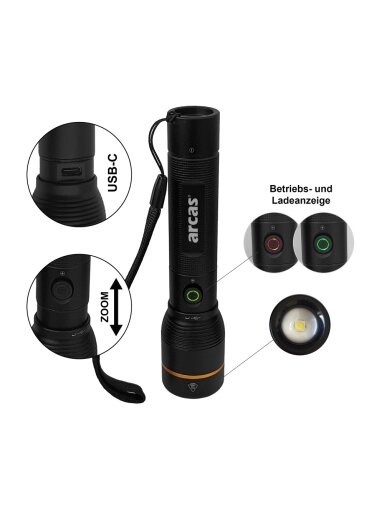 Arcas Rankinis žibintuvėlis 1000lm, 10W, įkraunamas USB-C, juodas, ARCAS