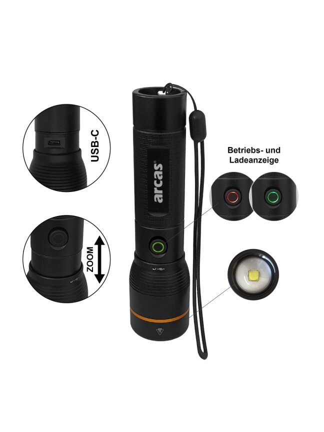 Arcas Rankinis žibintuvėlis, 2000lm, 20W, įkraunamas USB-C, juodas, ARCAS 1