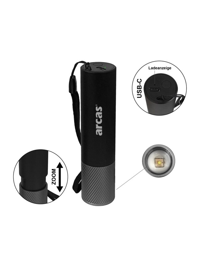 Arcas Rankinis žibintuvėlis 300lm, 3W, įkraunamas USB-C, juodas, ARCAS 1 Arcas Rankinis žibintuvėlis 300lm, 3W, įkraunamas USB-C, juodas, ARCAS 1