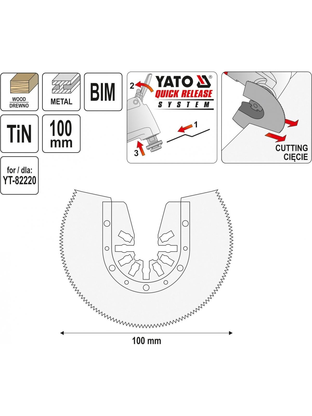 Ašmenys pjūkliniai BIM-TIN daugiafunkciniui prietaisui YT-82220, YT-82818, YT-82819, 100mm Titano Yato 3