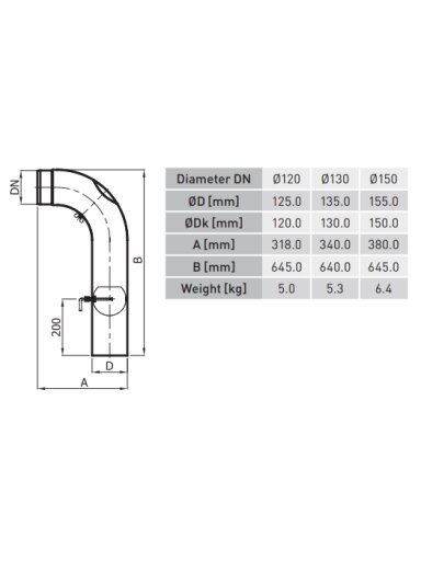 Aukšta alkūnė su sklende ir pravala KGSR150/90-CZ2/WK