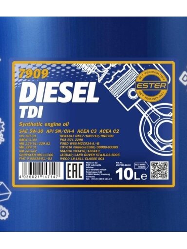 Automobilio variklio tepalas Mannol Diesel TDI, 5W-30, 10 l
