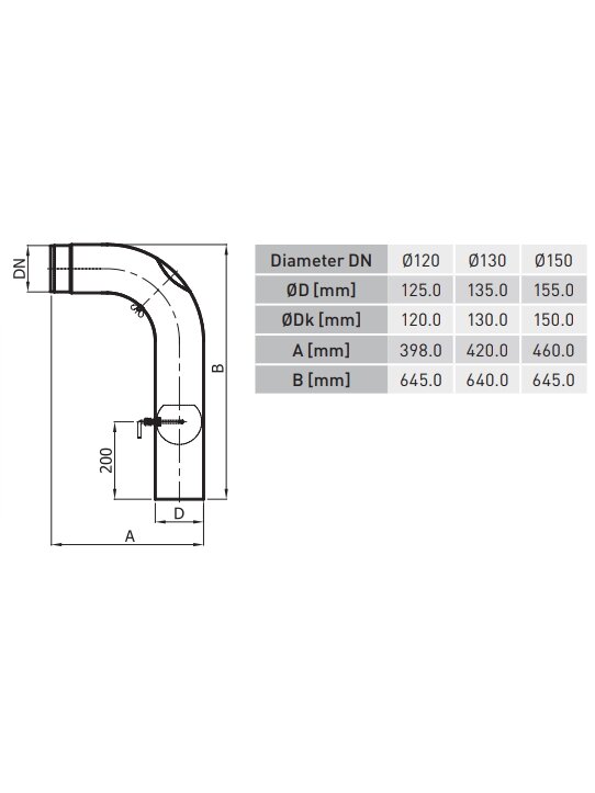 Aukšta alkūnė su sklende ir pravala KGSR150/90/W 1
