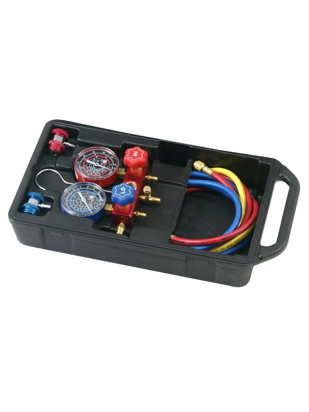⬡ Bandymo manometrų blokas šaltnešiui (R134a/R12) (AT3030A, ELLIENT TOOLS)