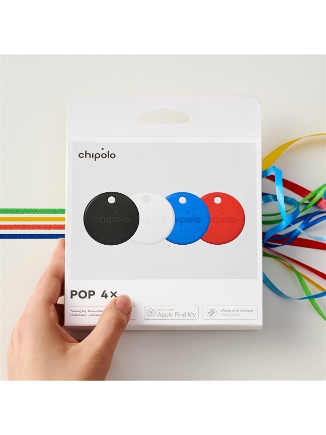 Chipolo POP – Bluetooth Tracker with Replaceable Battery for iOS & Android, 4pack -Black, White, Red, Blue 3
