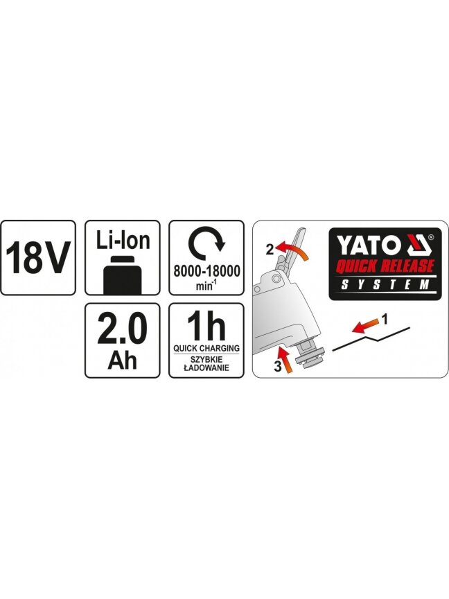 Daugiafunkcinis akumuliatorinis įrankis 18V Li-ion Yato | 2 Ah, 8000-18000 RPM, su aksesuarais 2 Daugiafunkcinis akumuliatorinis įrankis 18V Li-ion Yato | 2 Ah, 8000-18000 RPM, su aksesuarais 2