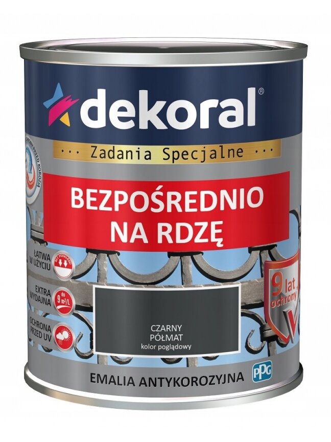 Dekoral, emalis antikorozinis | 0,65 ltr. juodas pusiau matinis RAL 9005 Dekoral, emalis antikorozinis | 0,65 ltr. juodas pusiau matinis RAL 9005