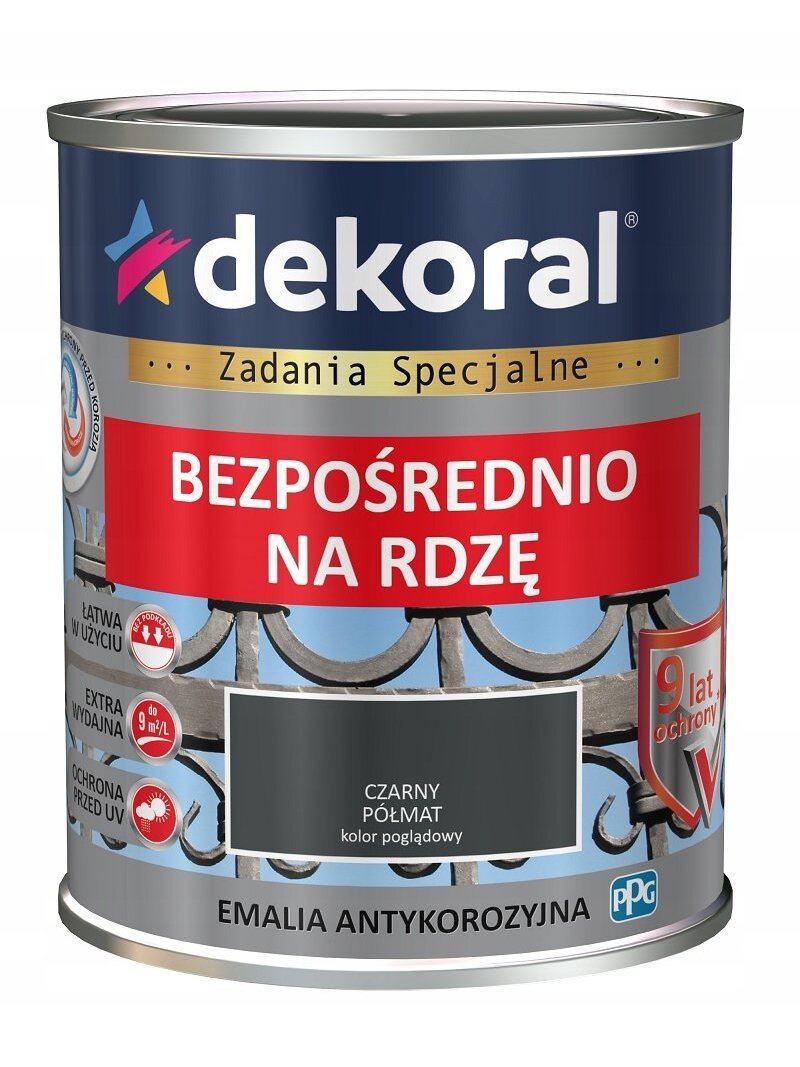 Dekoral, emalis antikorozinis | 0,65 ltr. juodas pusiau matinis RAL 9005 Dekoral, emalis antikorozinis | 0,65 ltr. juodas pusiau matinis RAL 9005