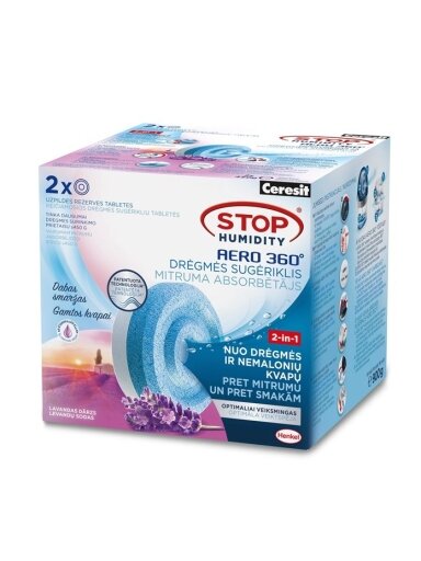 Drėgmės, blogų kvap. rinkt. Aero 360° tab., levandos, 2x450g Drėgmės, blogų kvap. rinkt. Aero 360° tab., levandos, 2x450g