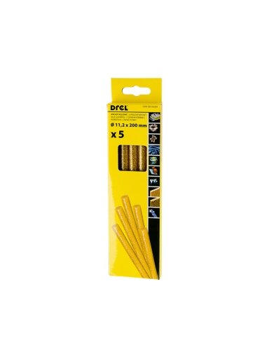 Drel Karštų klijų lazdelės 11,2 mm x 200 mm, su blizgučiais, aukso spalvos, 5 vnt.