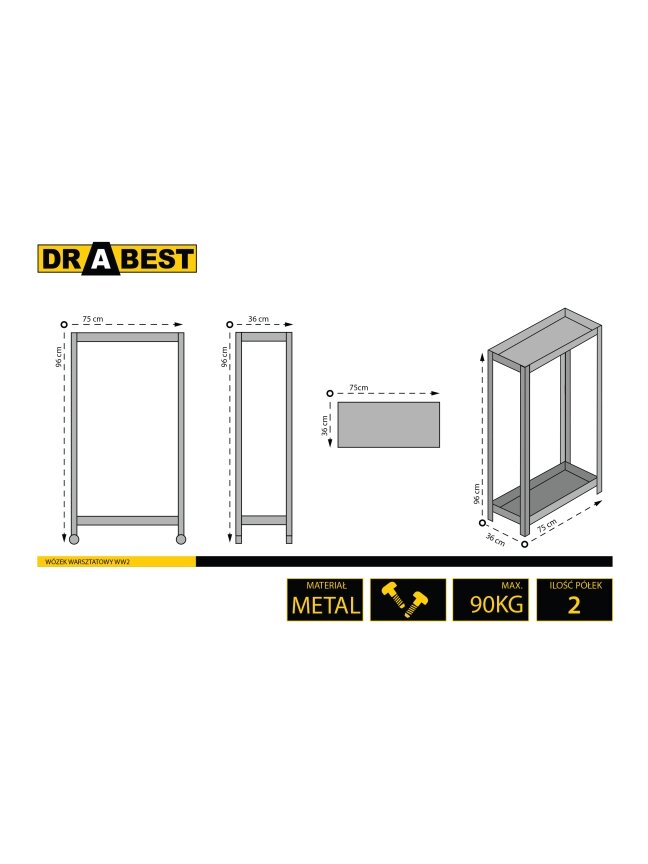 „DRABEST“ Mobilus dirbtuvių vežimėlis, 2 lentynos, 90 kg! 6 „DRABEST“ Mobilus dirbtuvių vežimėlis, 2 lentynos, 90 kg! 6