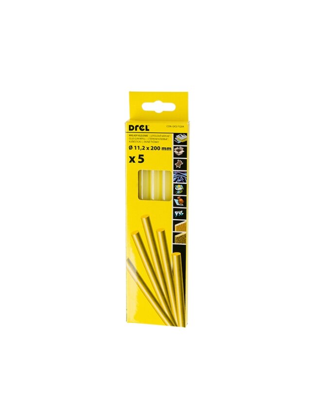 Drel Karštų klijų lazdelės 11,2 mm x 200 mm, geltonos, 5 vnt. Drel Karštų klijų lazdelės 11,2 mm x 200 mm, geltonos, 5 vnt.