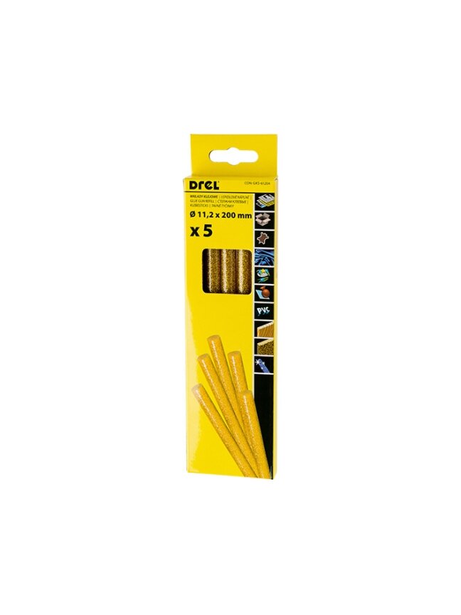 Drel Karštų klijų lazdelės 11,2 mm x 200 mm, su blizgučiais, aukso spalvos, 5 vnt. Drel Karštų klijų lazdelės 11,2 mm x 200 mm, su blizgučiais, aukso spalvos, 5 vnt.