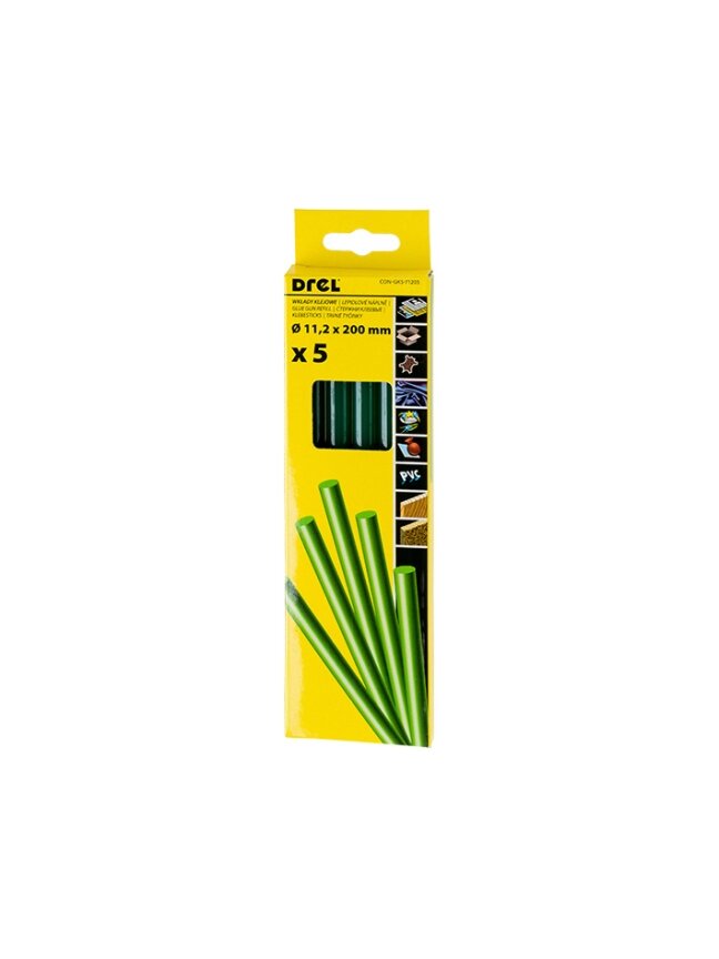 Drel Karštų klijų lazdelės 11,2 mm x 200 mm, žalios, 5 vnt. Drel Karštų klijų lazdelės 11,2 mm x 200 mm, žalios, 5 vnt.