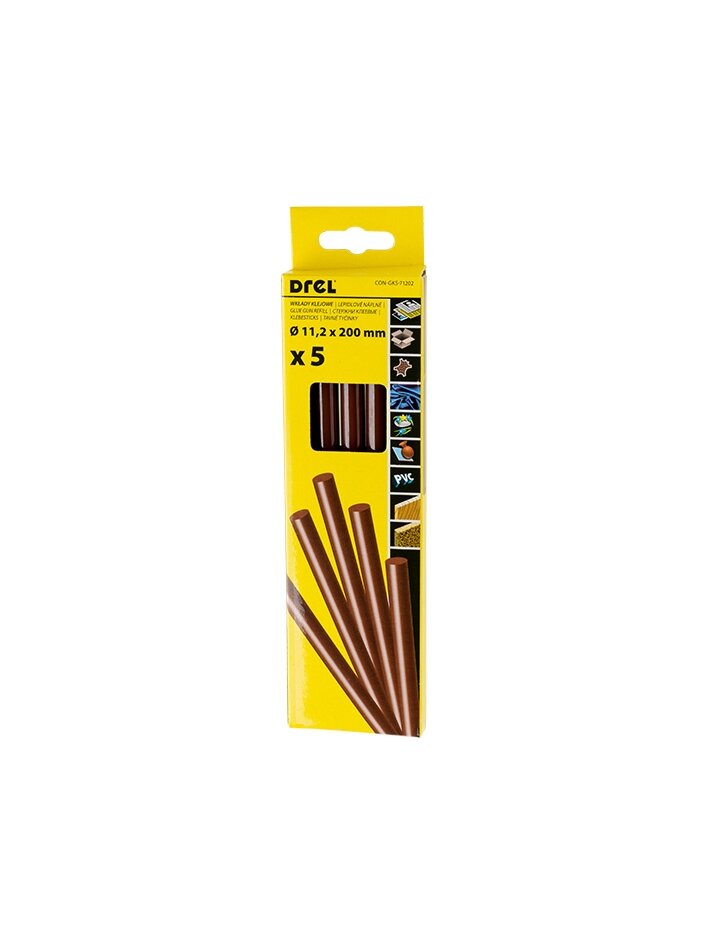 Drel Karštų klijų lazdelės 11,2 mm x 200 mm, rudos, 5 vnt. Drel Karštų klijų lazdelės 11,2 mm x 200 mm, rudos, 5 vnt.