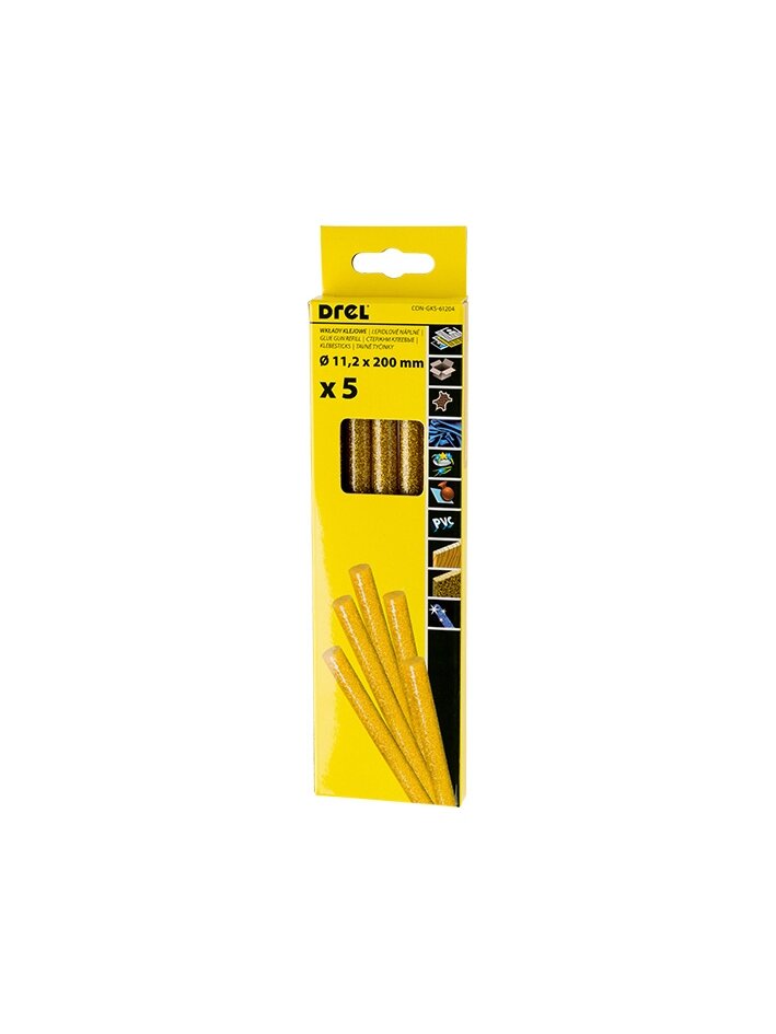 Drel Karštų klijų lazdelės 11,2 mm x 200 mm, su blizgučiais, aukso spalvos, 5 vnt. Drel Karštų klijų lazdelės 11,2 mm x 200 mm, su blizgučiais, aukso spalvos, 5 vnt.