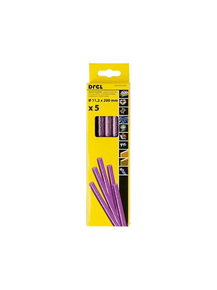 Drel Karštų klijų lazdelės 11,2 mm x 200 mm, su blizgučiais violetinės, 5 vnt. Drel Karštų klijų lazdelės 11,2 mm x 200 mm, su blizgučiais violetinės, 5 vnt.