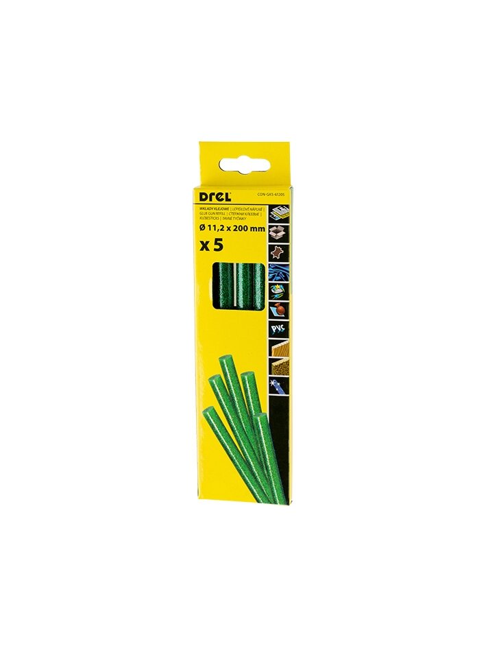 Drel Karštų klijų lazdelės 11,2 mm x 200 mm, su blizgučiais, žalios, 5 vnt. Drel Karštų klijų lazdelės 11,2 mm x 200 mm, su blizgučiais, žalios, 5 vnt.