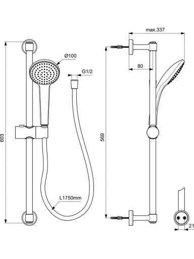 Dušo komplektas Idealrain Soft rankinis dušas 100mm (8 l/min) 600 mm stovu, 1750 mm žarna, juoda matinė