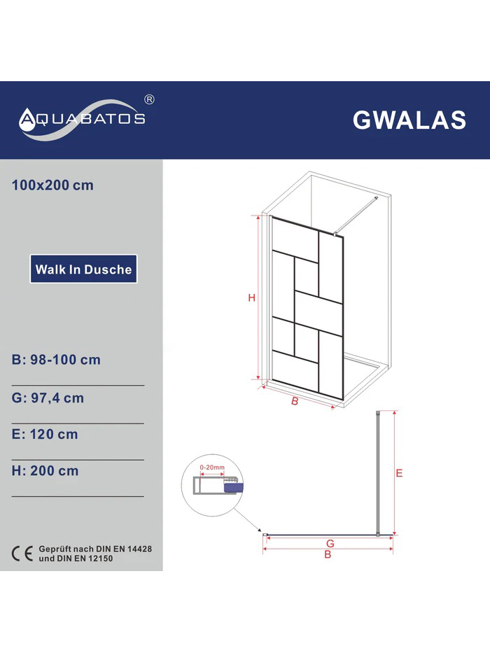 Dušo sienelė AQUABATOS Gwalas Walk-in 100, black, su laikikliu 6 Dušo sienelė AQUABATOS Gwalas Walk-in 100, black, su laikikliu 6