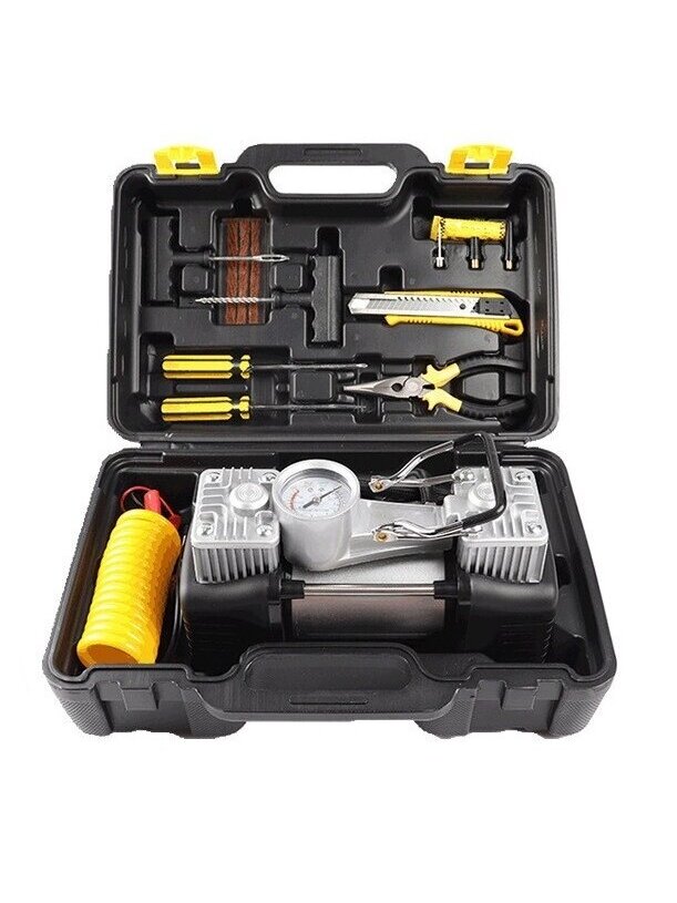 ⬡ Dvicilindris elektrinis oro kompresorius 12V 40 L/min su remonto įrankiais (QB01BK) ⬡ Dvicilindris elektrinis oro kompresorius 12V 40 L/min su remonto įrankiais (QB01BK)