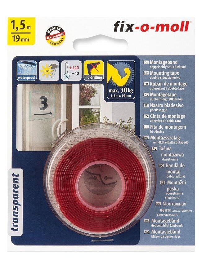 Dvipusė lipnioji juosta Fix-O-Moll, 1,5 m x 19 mm, 30 kg