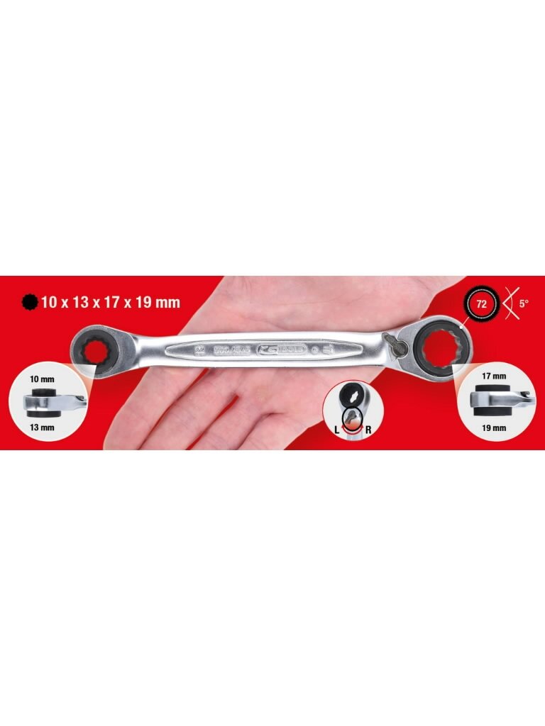 Dvigubas žiedinis terkšlinis raktas su reversu 10x19mm-13x17, KS Tools 2