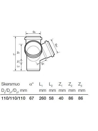 Erdvinis keturšakis Wavin, Ø 110 / 110 / 110, 67°