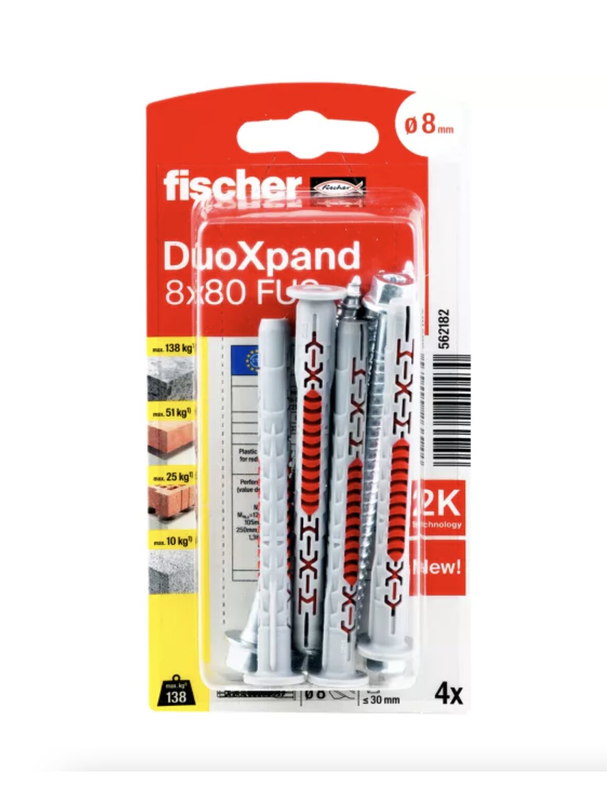 Fischer DuoXpand kaištis su varžtu 8x80 FUS, 4 vnt. Fischer DuoXpand kaištis su varžtu 8x80 FUS, 4 vnt.