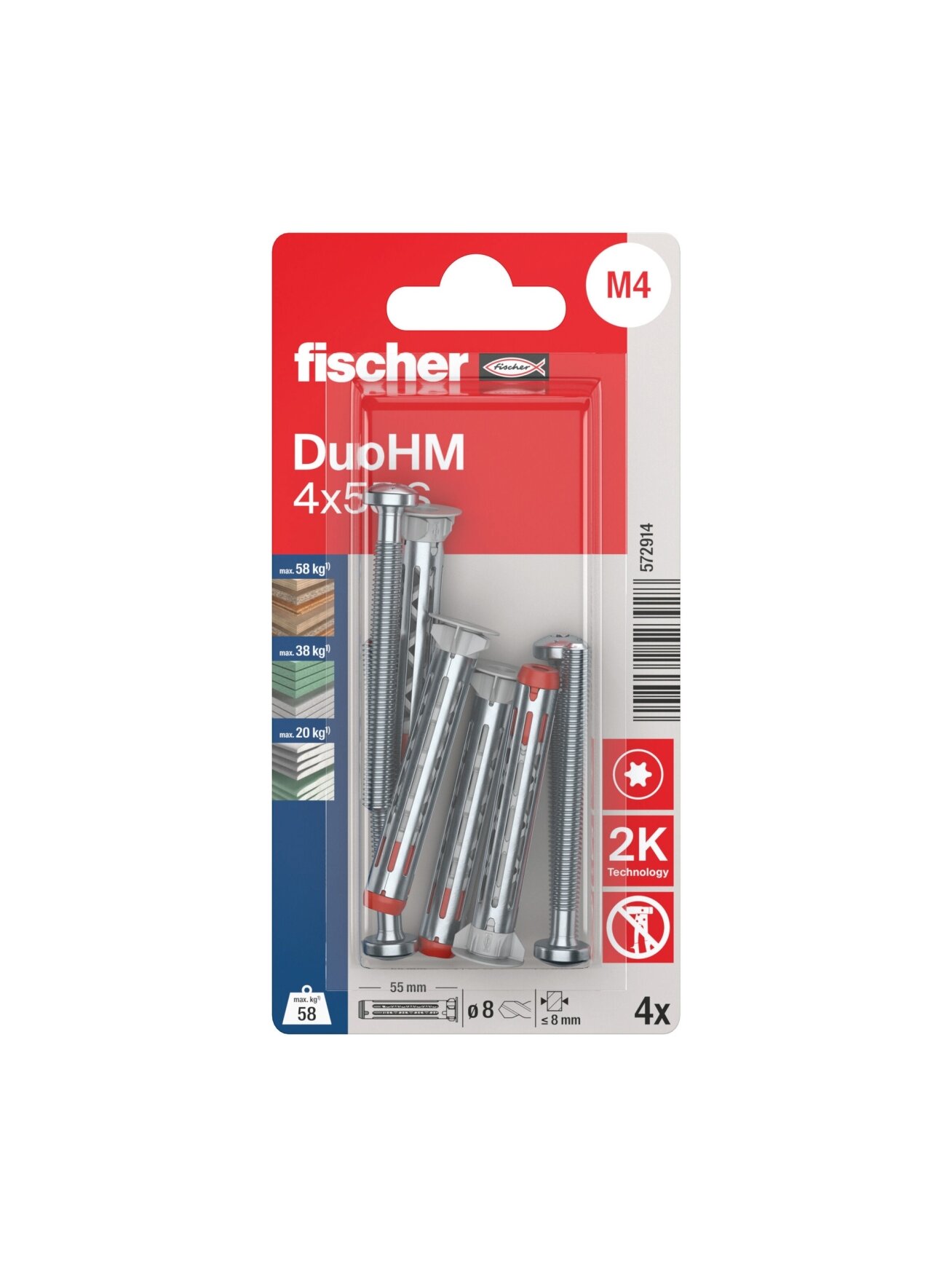 Fischer Tuščiavidurių konstrukcijų kaištis DuoHM 4x55 S PH TX, Fischer, 4 vnt. Fischer Tuščiavidurių konstrukcijų kaištis DuoHM 4x55 S PH TX, Fischer, 4 vnt.