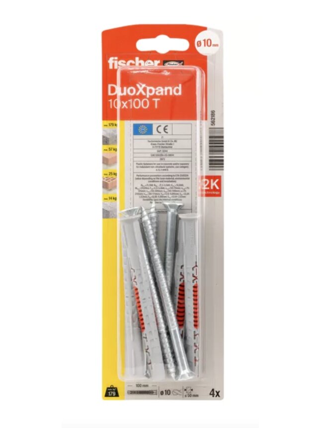 Fischer DuoXpand kaištis su varžtu 10x100 T, 4 vnt. Fischer DuoXpand kaištis su varžtu 10x100 T, 4 vnt.