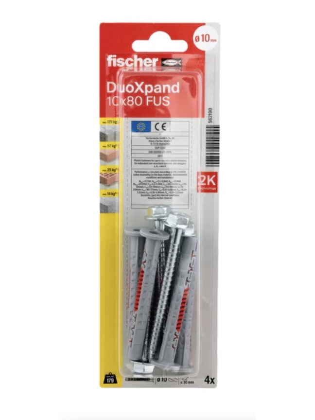 Fischer DuoXpand kaištis su varžtu 10x80 FUS, 4 vnt. Fischer DuoXpand kaištis su varžtu 10x80 FUS, 4 vnt.