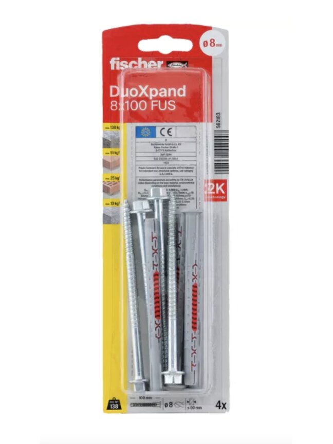 Fischer DuoXpand kaištis su varžtu 8x100 FUS, 4 vnt. Fischer DuoXpand kaištis su varžtu 8x100 FUS, 4 vnt.