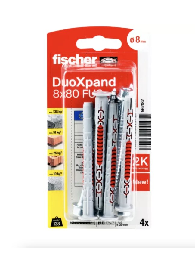 Fischer DuoXpand kaištis su varžtu 8x80 FUS, 4 vnt. Fischer DuoXpand kaištis su varžtu 8x80 FUS, 4 vnt.