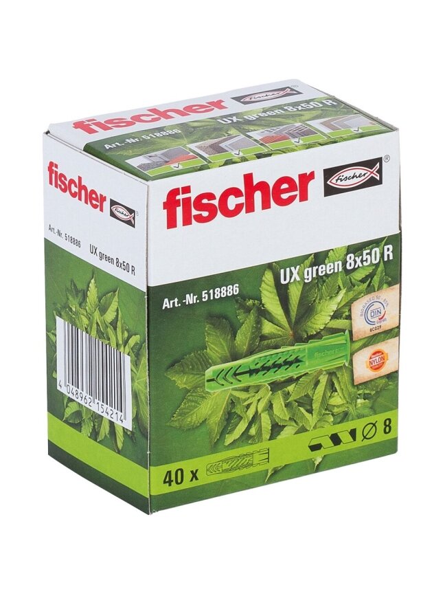 Fischer Univ. kaištis UX Green 8 x 50 R su žiedeliu 40 vnt. 6 Fischer Univ. kaištis UX Green 8 x 50 R su žiedeliu 40 vnt. 6